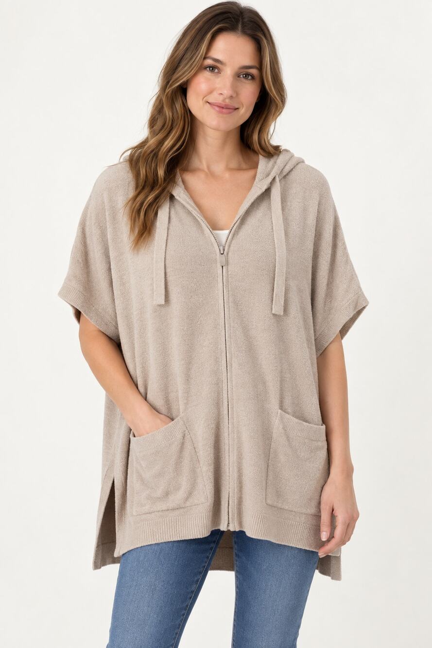 Barefoot Dreams CozyChic Ultra Lite Zip Up Short Sleeve Hoodie Beige Womens L/XL